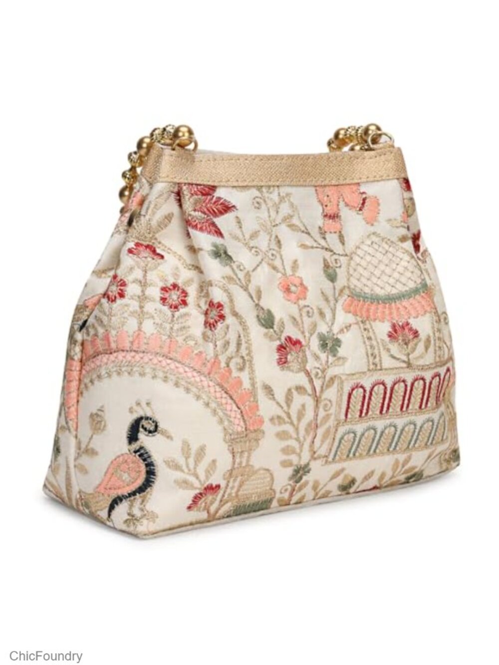 Indian Ethnic Embroidered Silk Potli Bag Pearl Handle Wedding Wristlet Purse